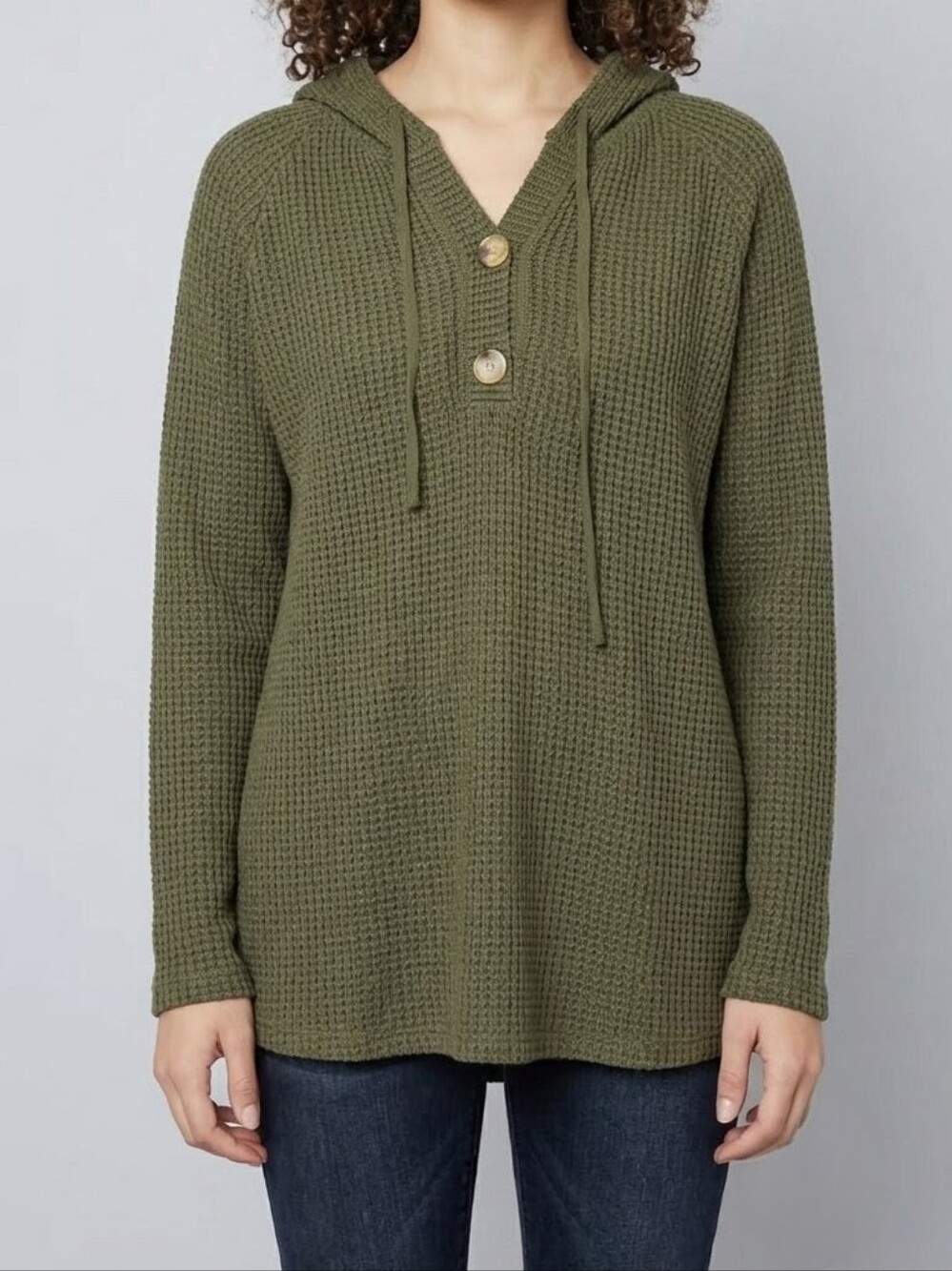 Soft Olive Green Waffle Knit Hooded Sweater Pullover NWT - Size Medium Hoodie